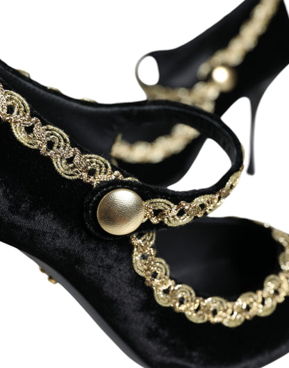  - Black Mary Janes Velvet Gold Pumps Shoes