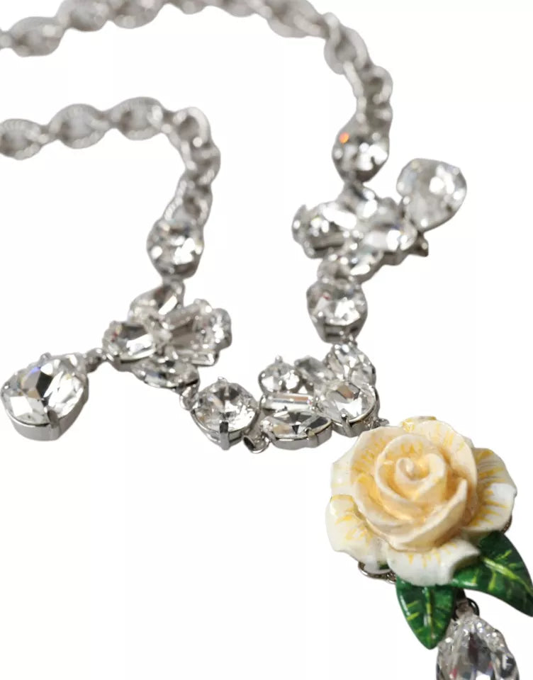  - Silver Brass Clear Crystal Roses Pendants Necklace