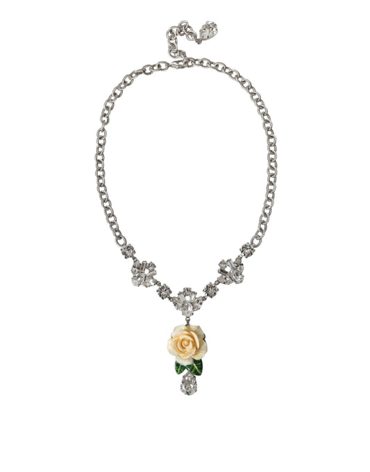  - Silver Brass Clear Crystal Roses Pendants Necklace