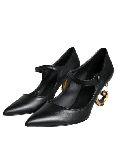  - Black Leather Logo Heels Mary Janes Pumps Shoes