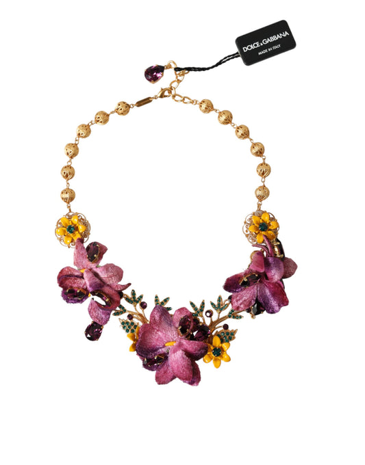  - Gold Brass Mix Fiori Flowers Crystal Chain Necklace