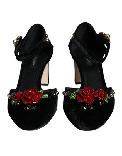  - Black Velvet Roses Ankle Strap Pumps Shoes