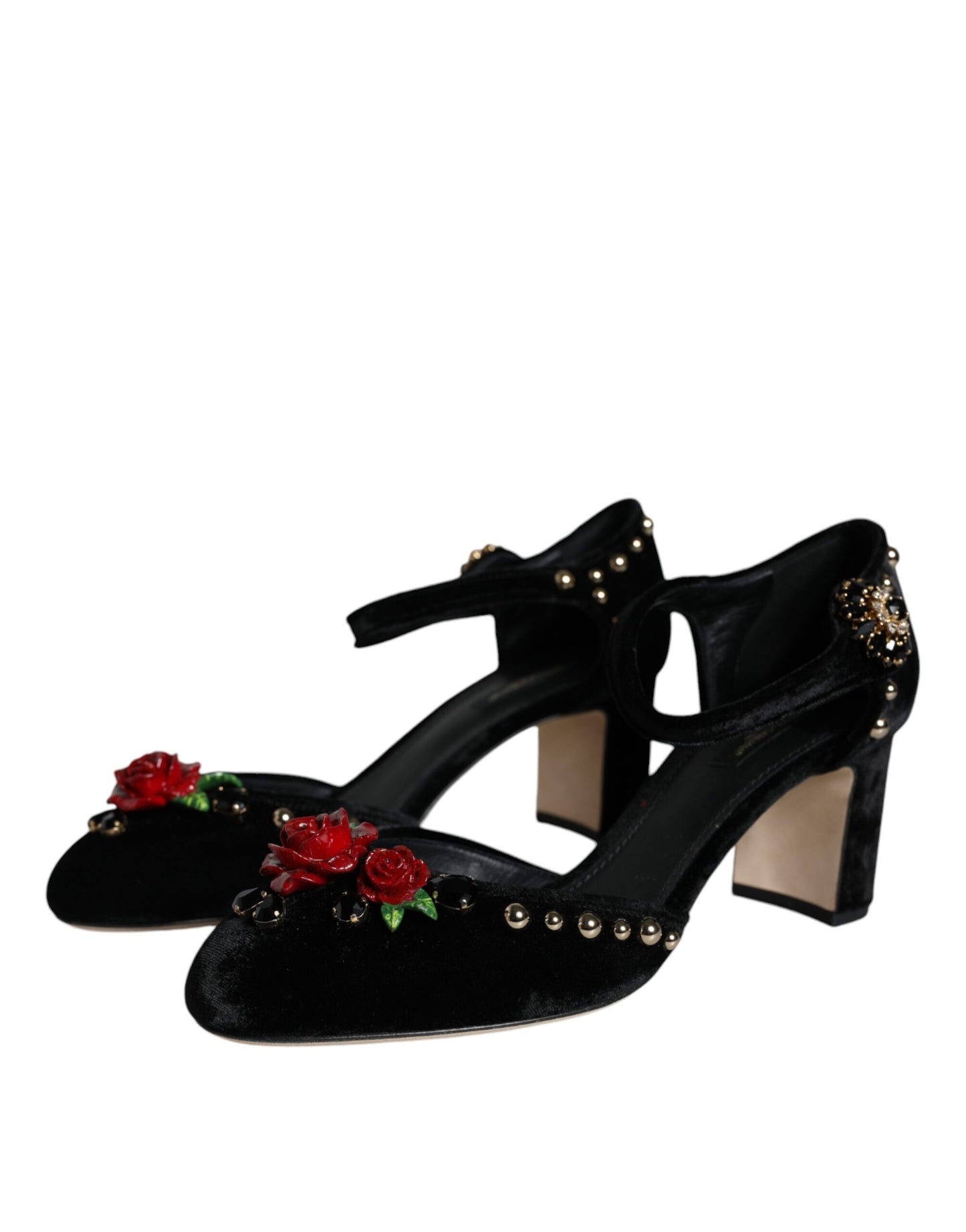  - Black Velvet Roses Ankle Strap Pumps Shoes