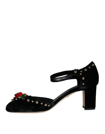  - Black Velvet Roses Ankle Strap Pumps Shoes