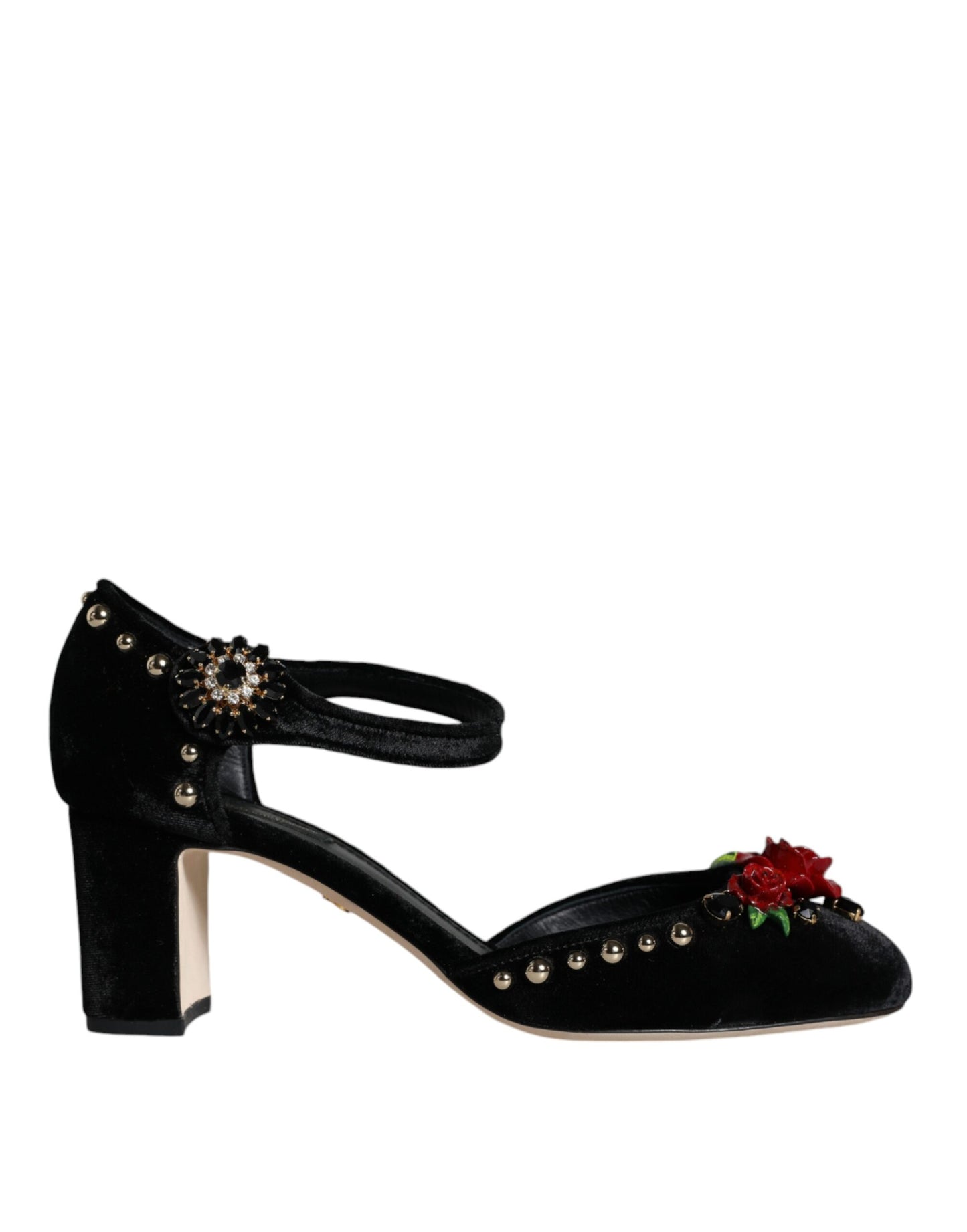  - Black Velvet Roses Ankle Strap Pumps Shoes