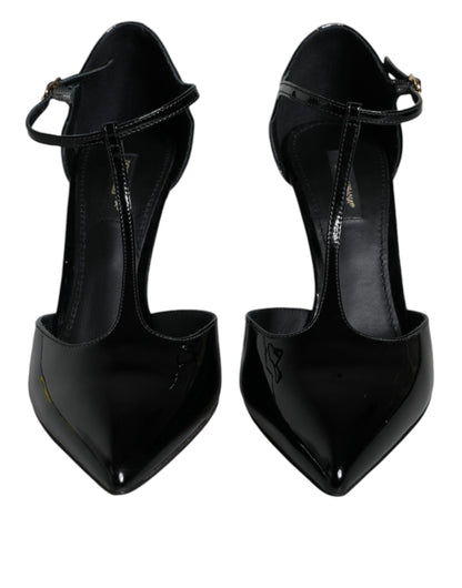  - Black Patent Leather T-strap Heels Pumps Shoes