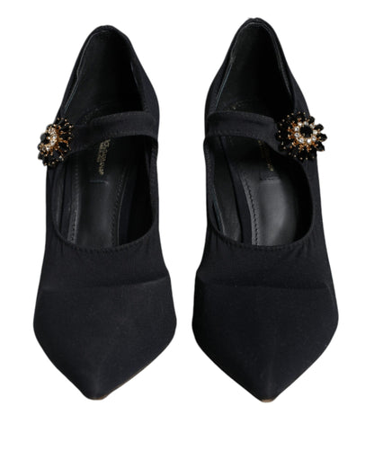  - Black Mary Jane Jersey Crystal Pumps Shoes