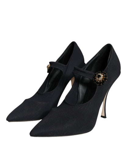  - Black Mary Jane Jersey Crystal Pumps Shoes