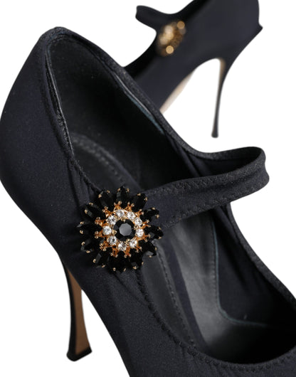  - Black Mary Jane Jersey Crystal Pumps Shoes