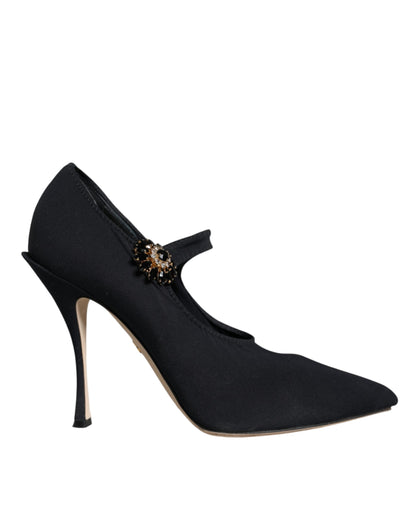  - Black Mary Jane Jersey Crystal Pumps Shoes