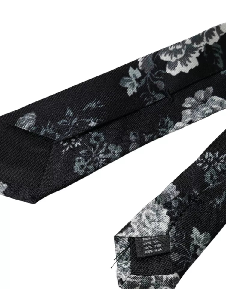  - Black Floral Print Silk Adjustable Men Tie