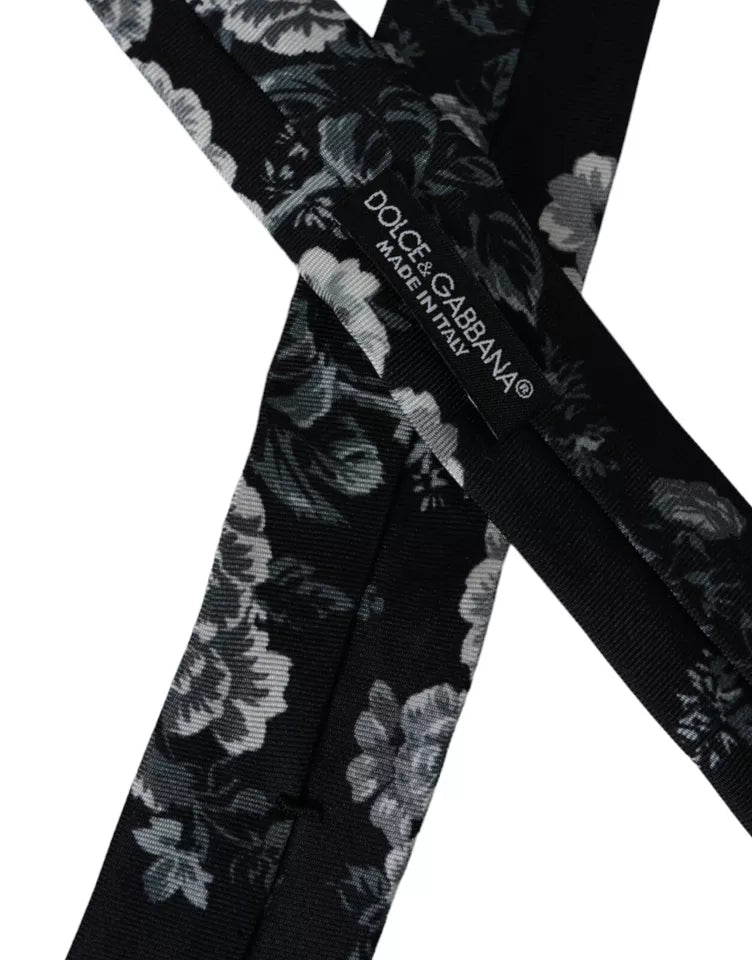  - Black Floral Print Silk Adjustable Men Tie