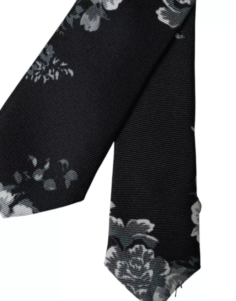  - Black Floral Print Silk Adjustable Men Tie