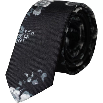  - Black Floral Print Silk Adjustable Men Tie