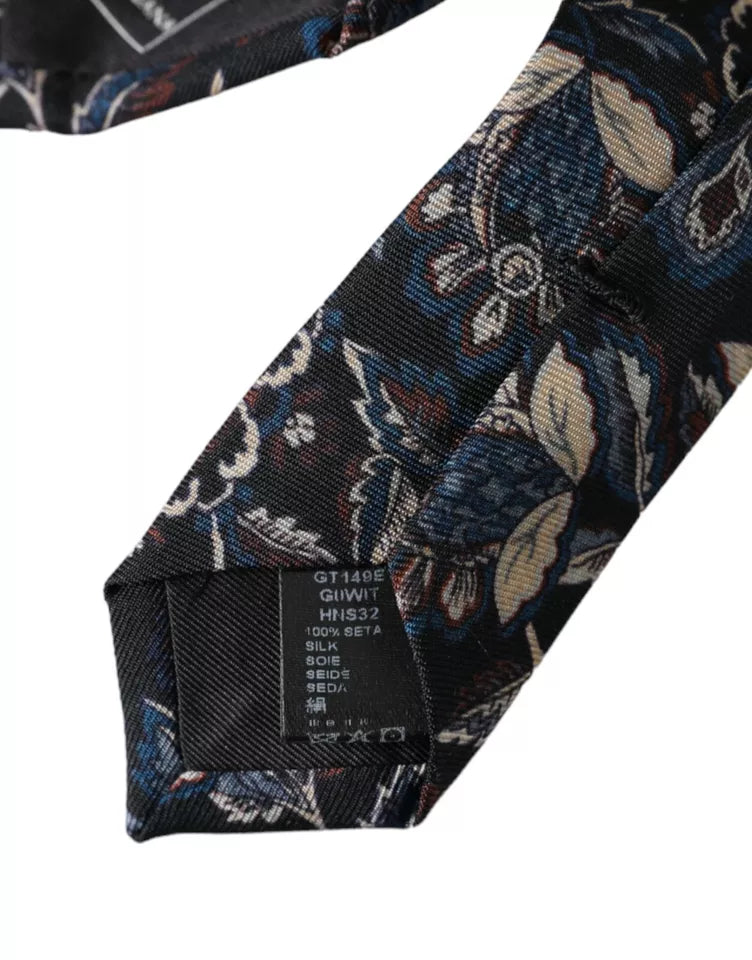  - Black Floral Pattern Silk Adjustable Men Tie