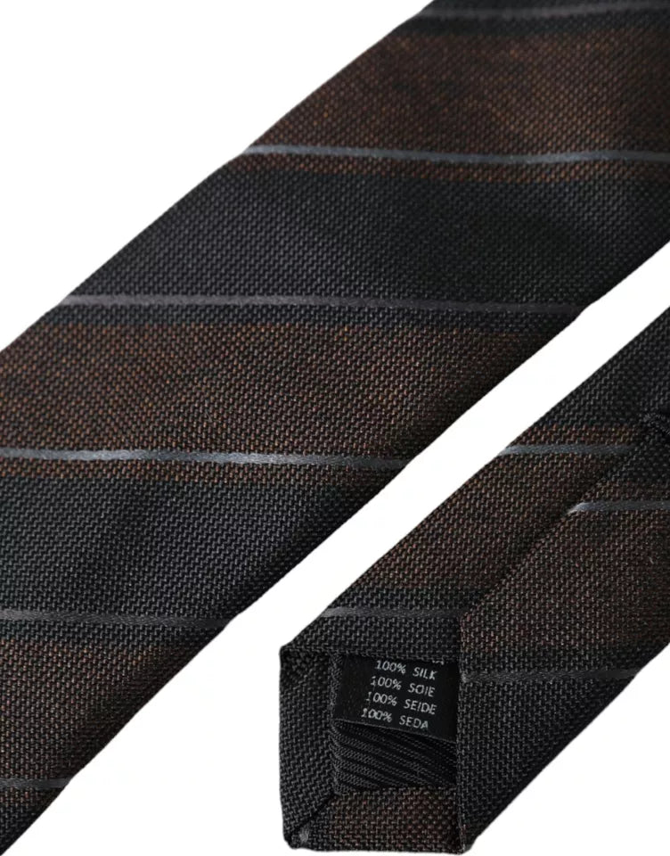  - Brown Black Stripes Silk Adjustable Tie