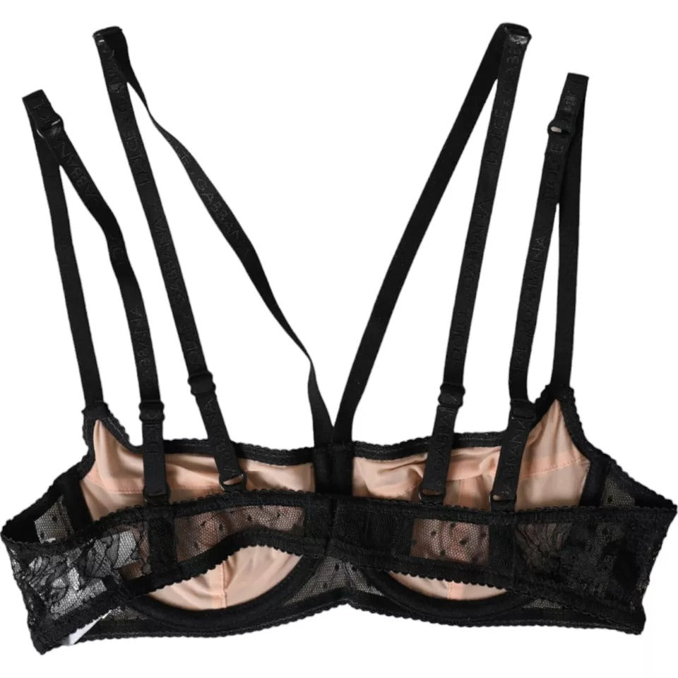  - Black Floral Lace Nylon Balconcino Bra Underwear