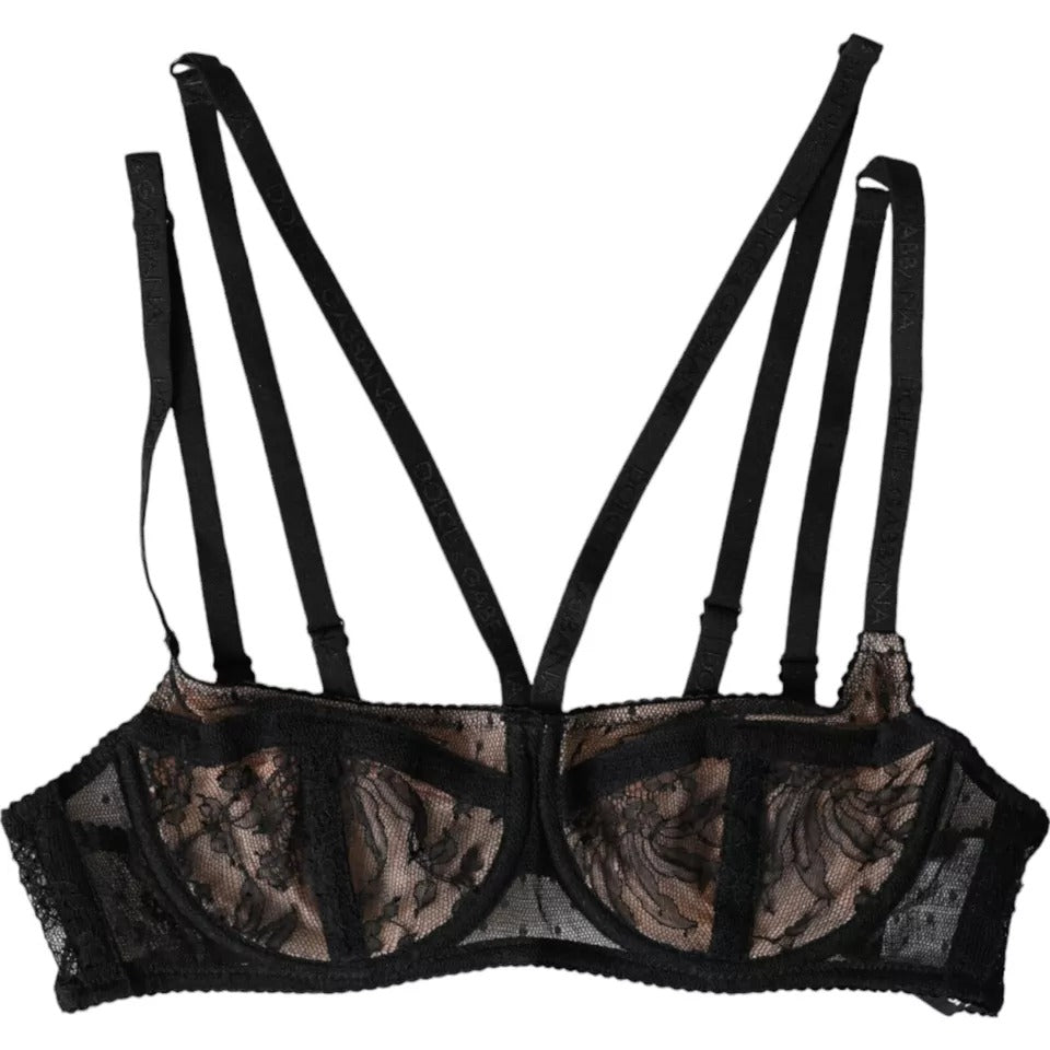  - Black Floral Lace Nylon Balconcino Bra Underwear