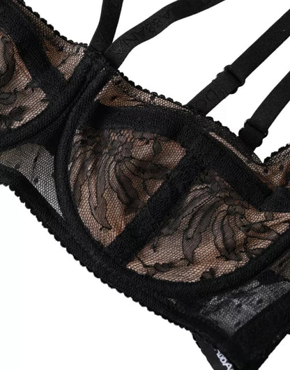  - Black Floral Lace Nylon Balconcino Bra Underwear