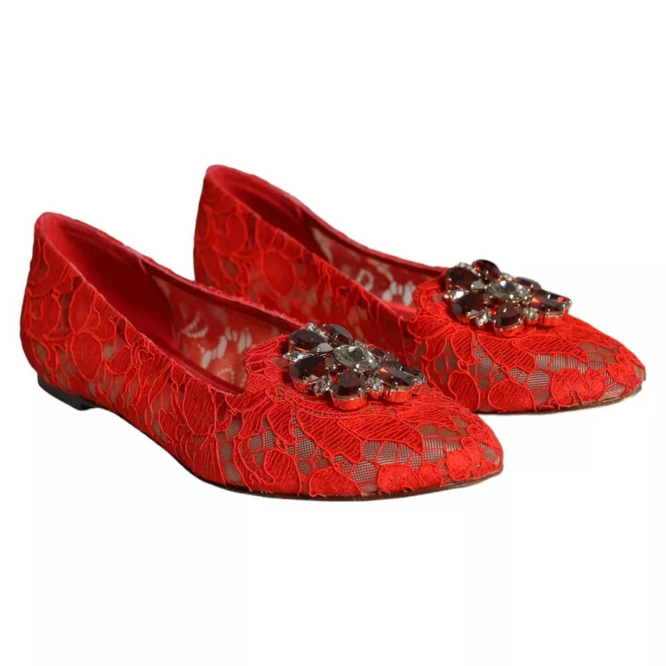  - Red Lace Crystal Ballet Flats Loafers Shoes