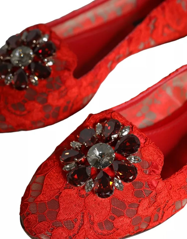  - Red Lace Crystal Ballet Flats Loafers Shoes