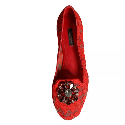  - Red Lace Crystal Ballet Flats Loafers Shoes