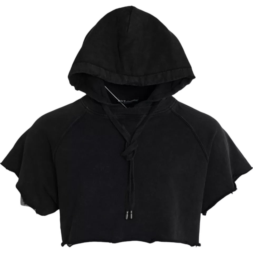  - Black Cotton Hooded Short Sleeves Cropped T-shirt