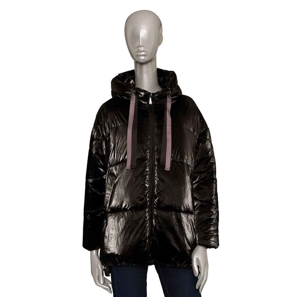 Baldinini Trend Black Women’s Jacket – Shiny Zip Front with Hood and Drawstrings