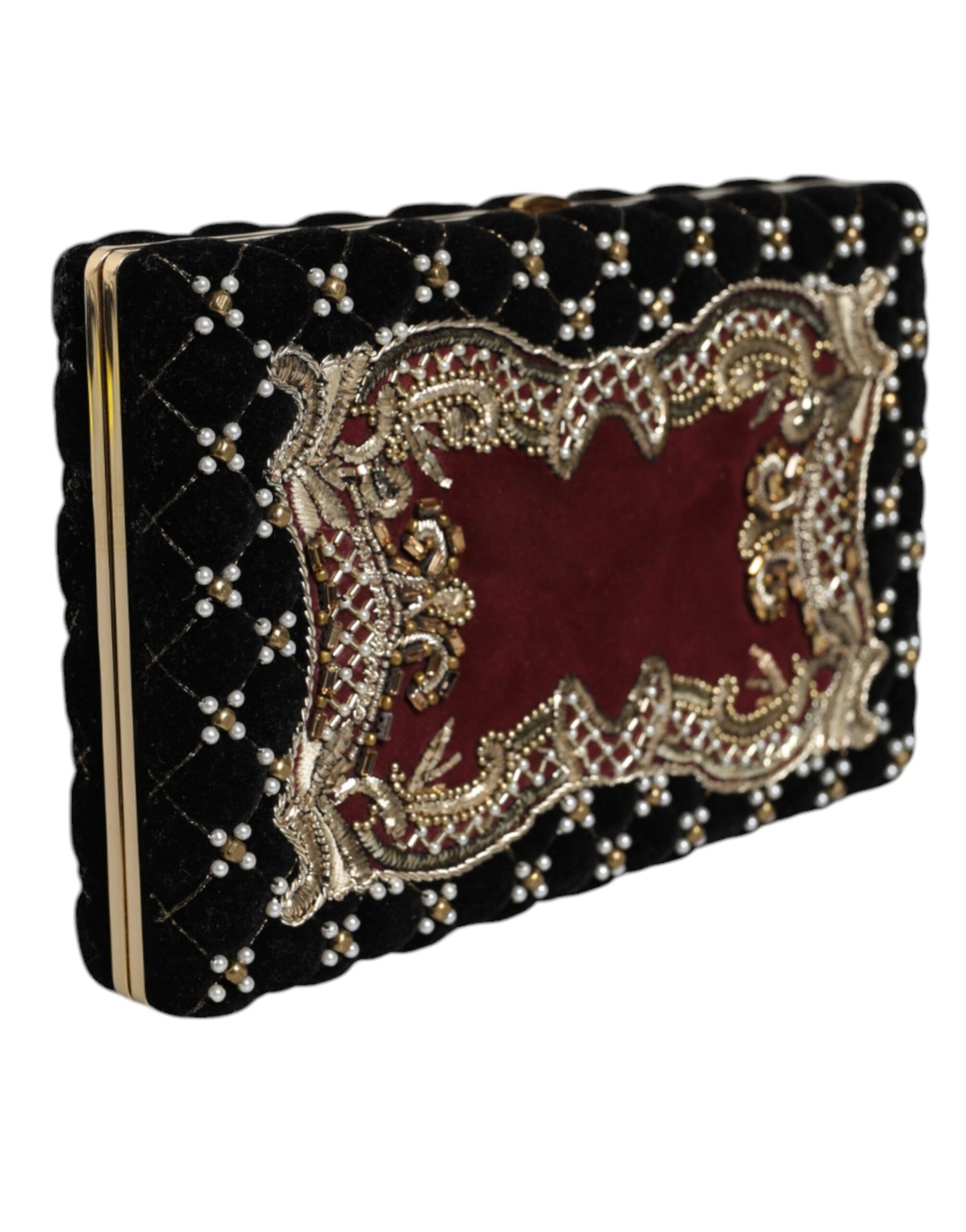  - Bordeaux Black Velvet Gold Frame Clutch Evening Purse Bag