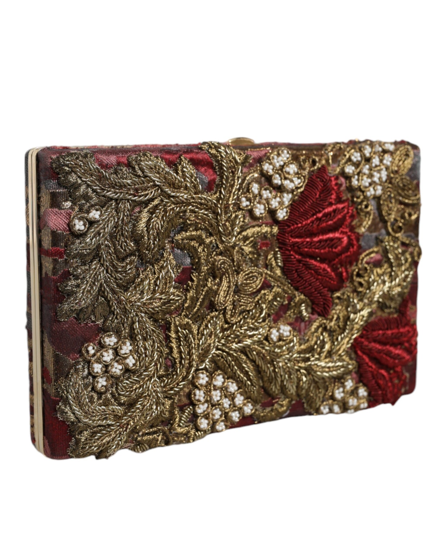  - Maroon Gold Floral Jacquard Gold Frame Clutch Evening Purse Bag