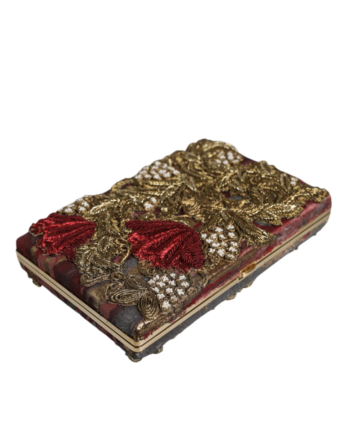  - Maroon Gold Floral Jacquard Gold Frame Clutch Evening Purse Bag