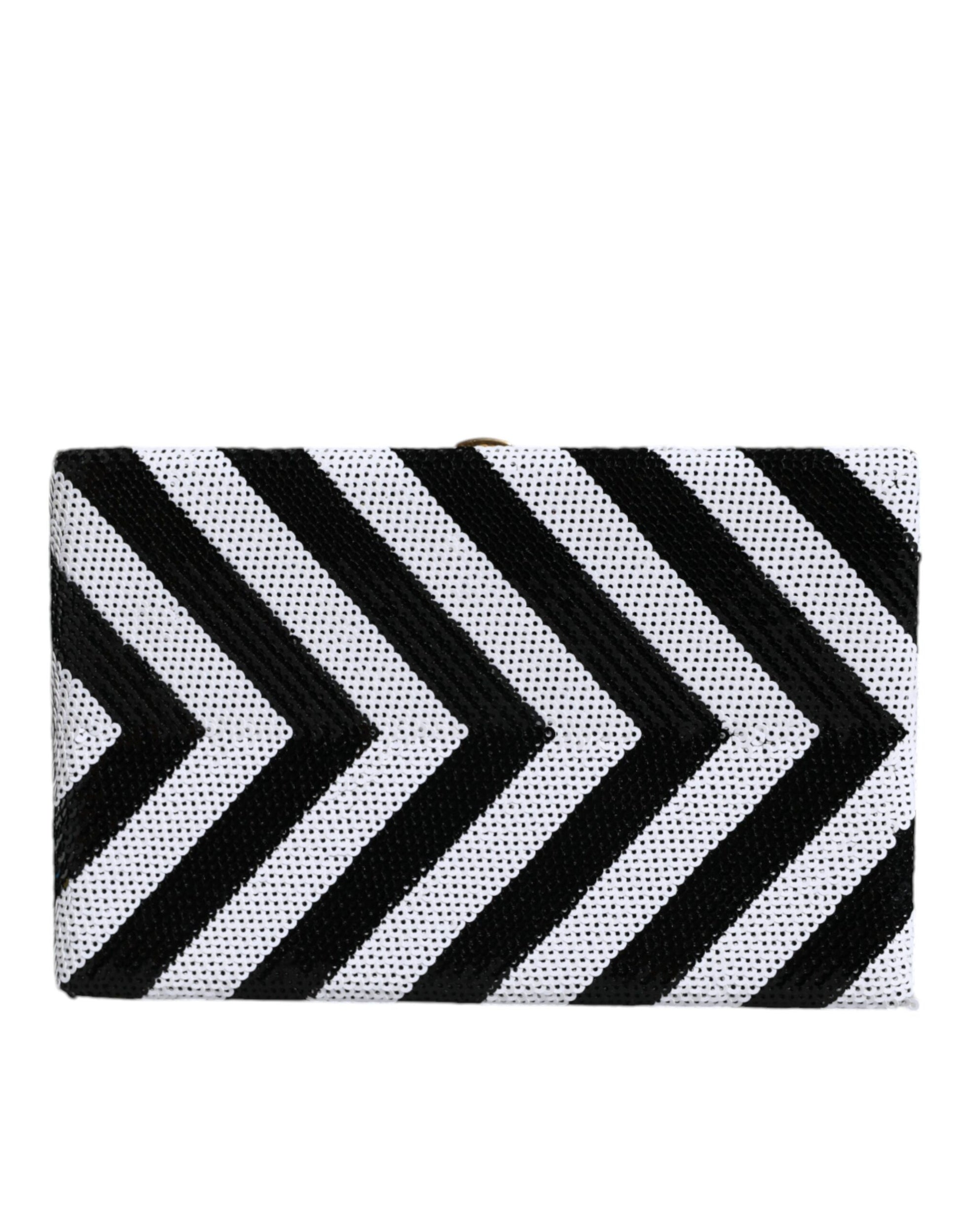 Striking Black White Patterned Gold Frame Clutch