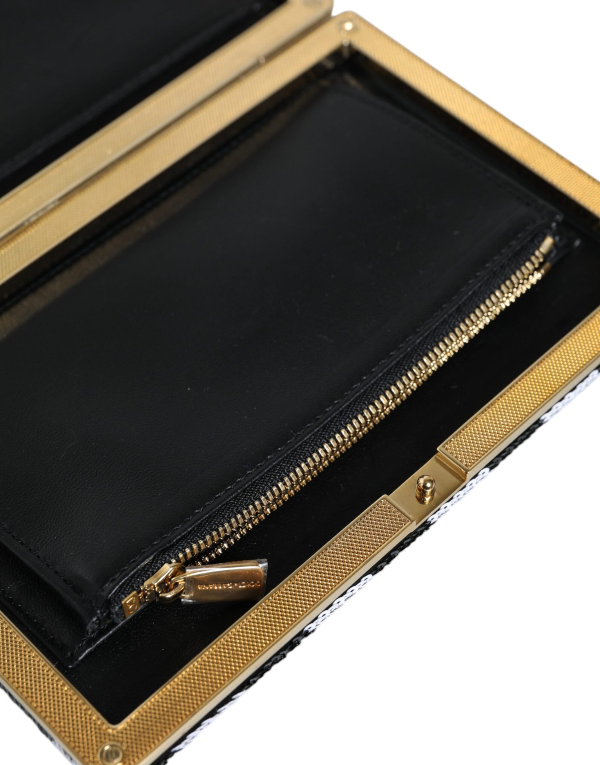 Striking Black White Patterned Gold Frame Clutch