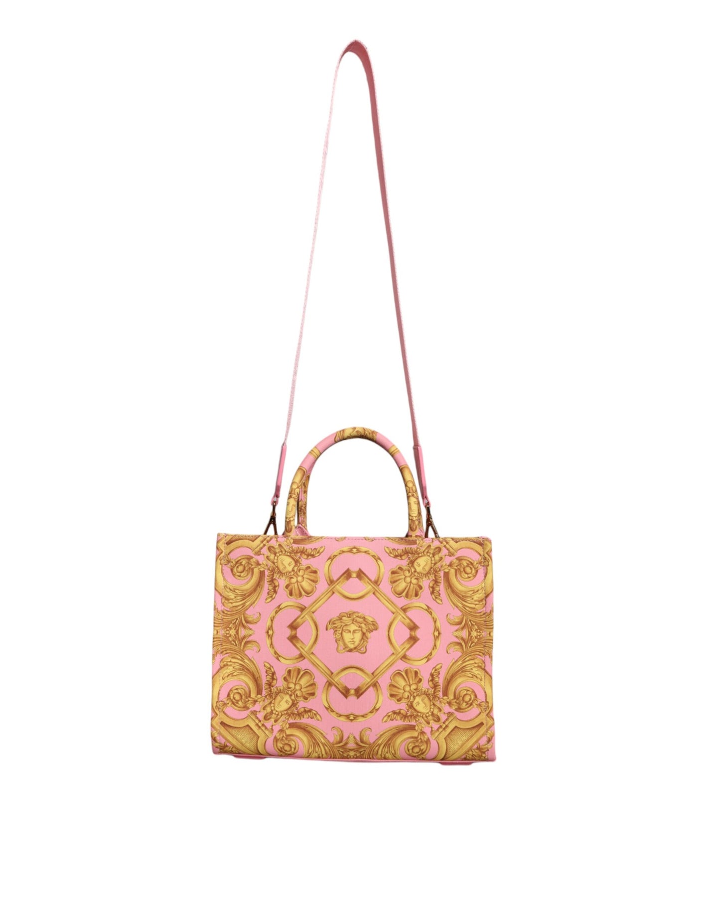  - Pink Yellow Baroque Fabric Leather Shopping Tote Bag