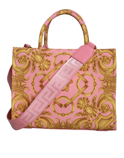  - Pink Yellow Baroque Fabric Leather Shopping Tote Bag