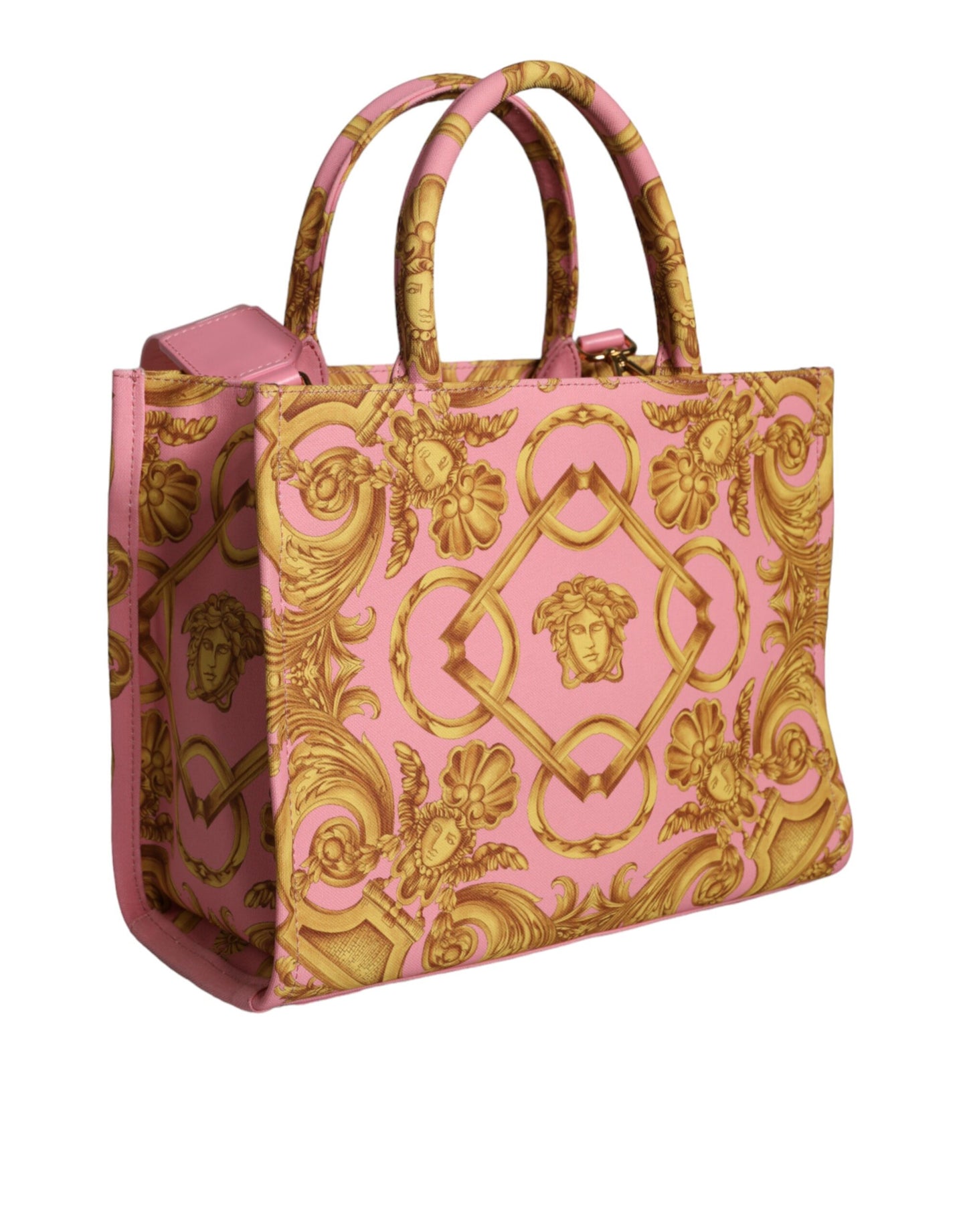  - Pink Yellow Baroque Fabric Leather Shopping Tote Bag