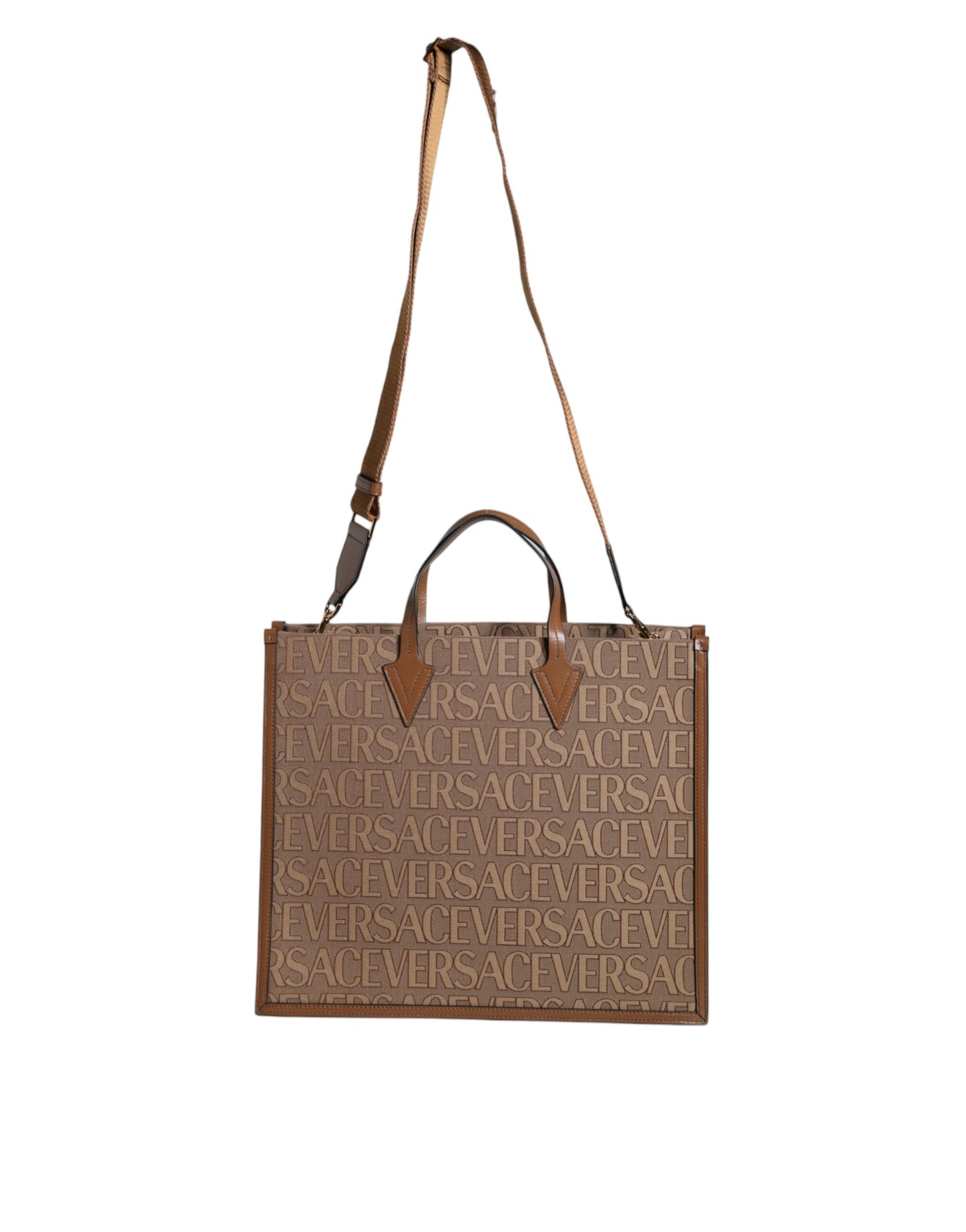  - Brown Top Handle Jacquard Leather Logo Crossbody Tote Bag