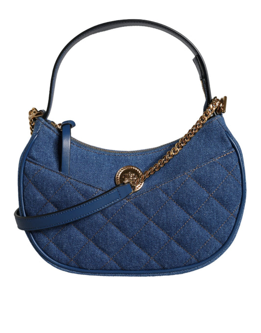  - Blue Quilted Denim Leather Top Handle Shoulder Bag