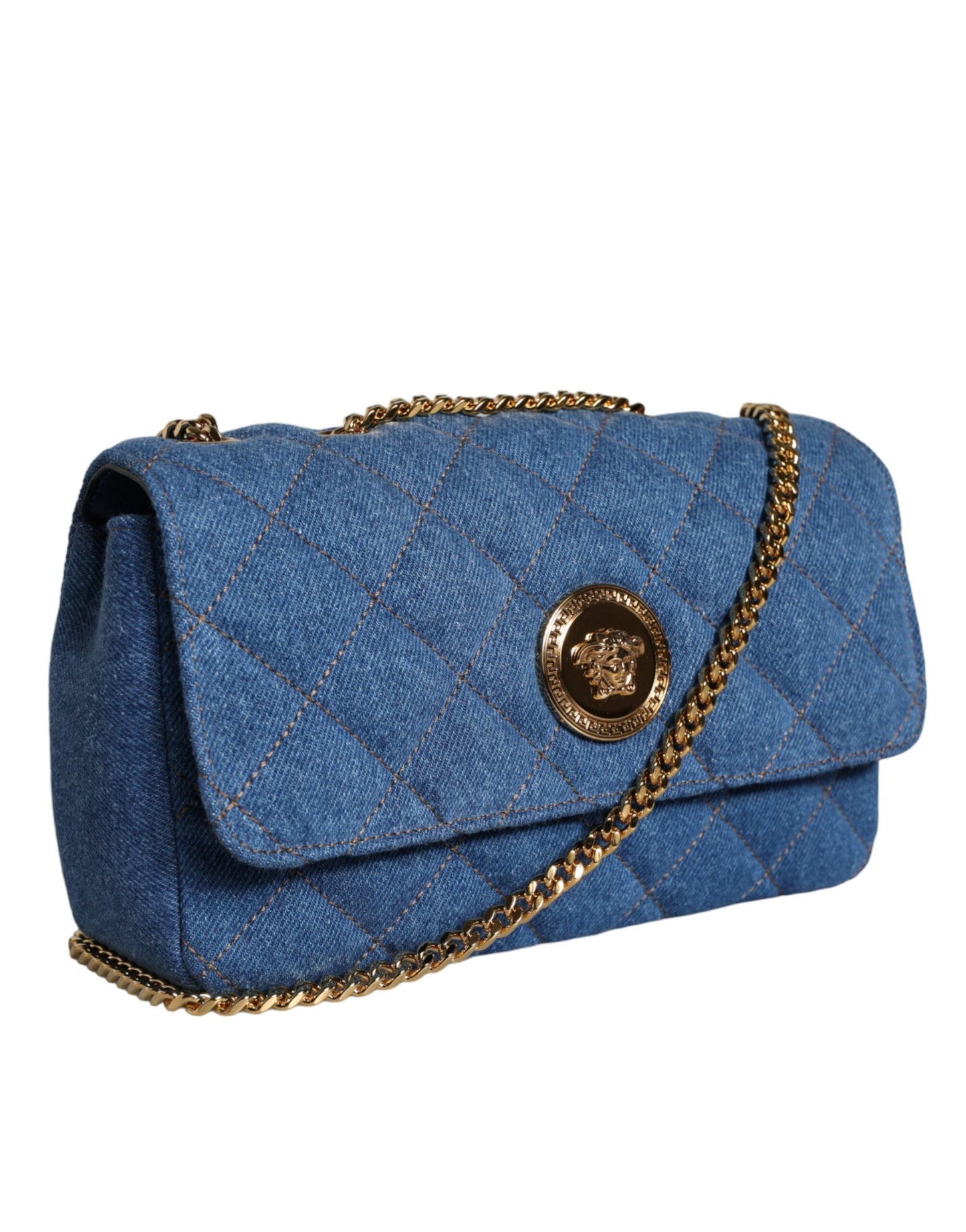  - Blue Quilted Denim Leather Crossbody Shoulder Bag