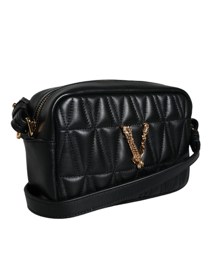  - Black Quilted Lamb Leather Camera Case Shoulder Bag