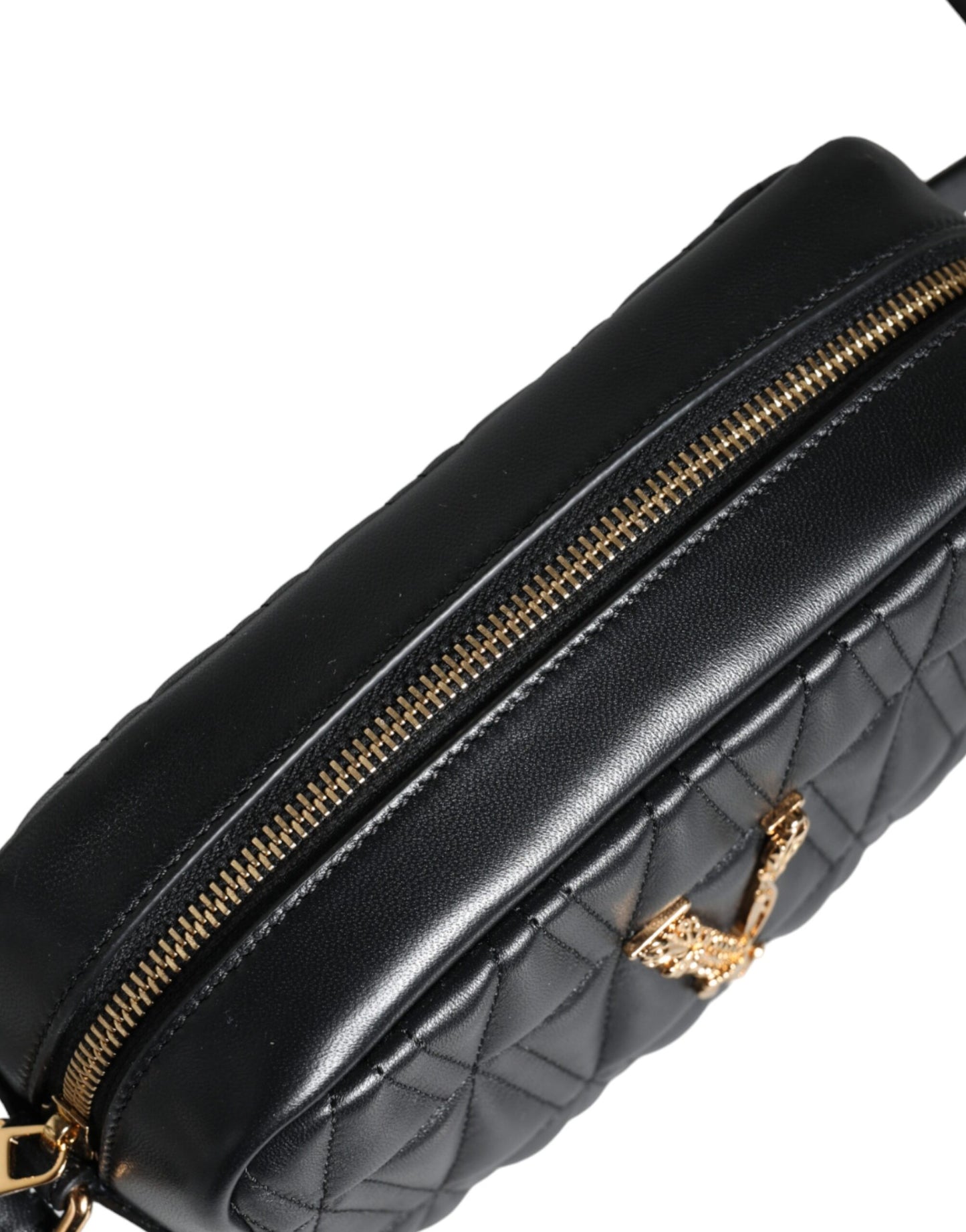  - Black Quilted Lamb Leather Camera Case Shoulder Bag