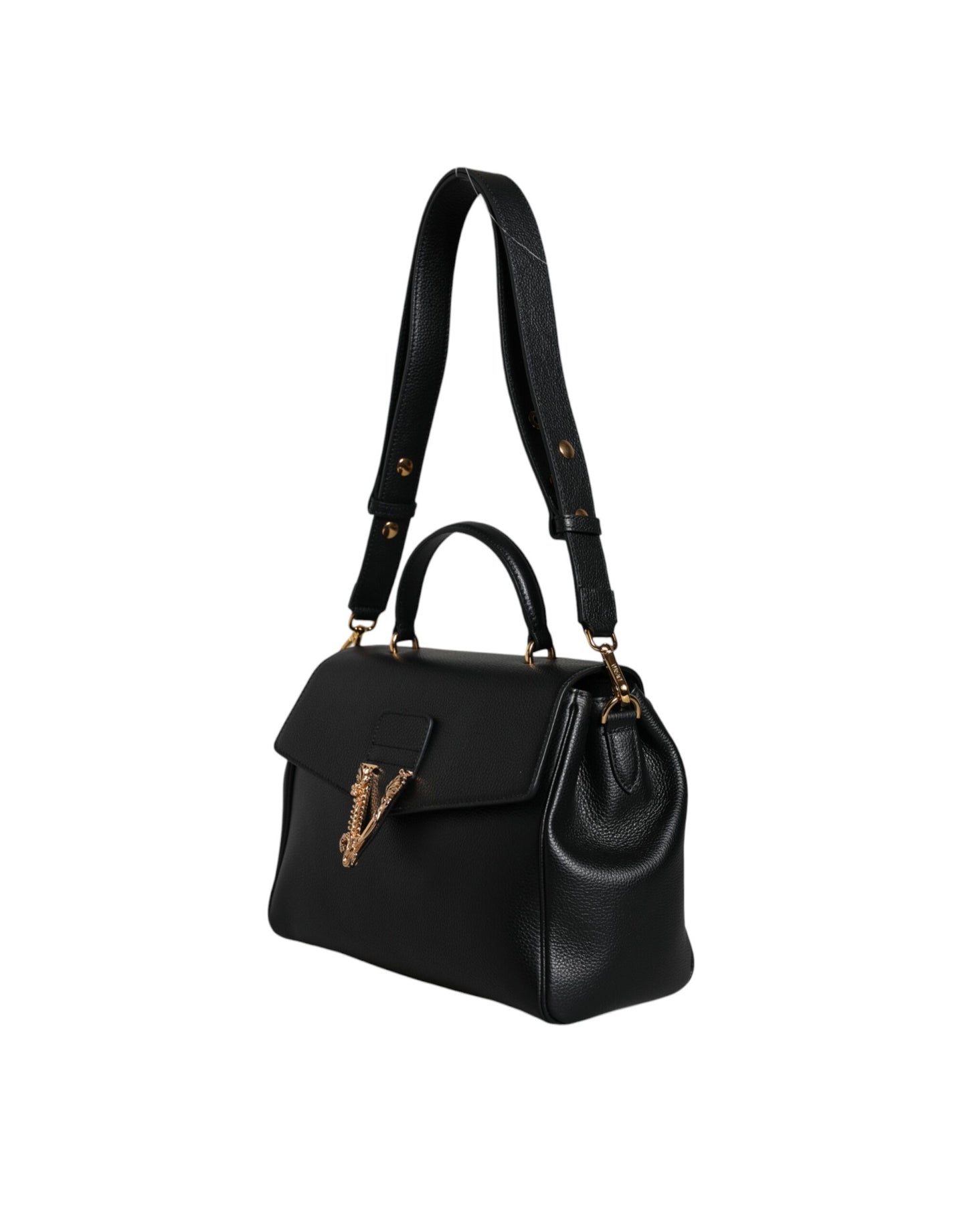  - Black Top Handle Grainy Calfskin Leather Crossbody Bag