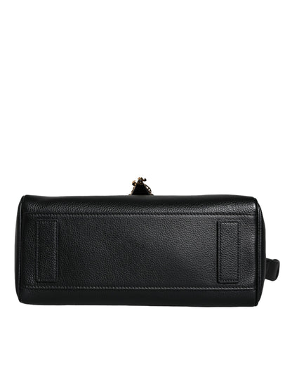  - Black Top Handle Grainy Calfskin Leather Crossbody Bag