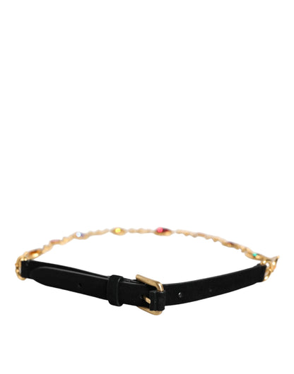 Black Leather Gold Brass Crystal Chain Waist Belt - The Luxe Alliance