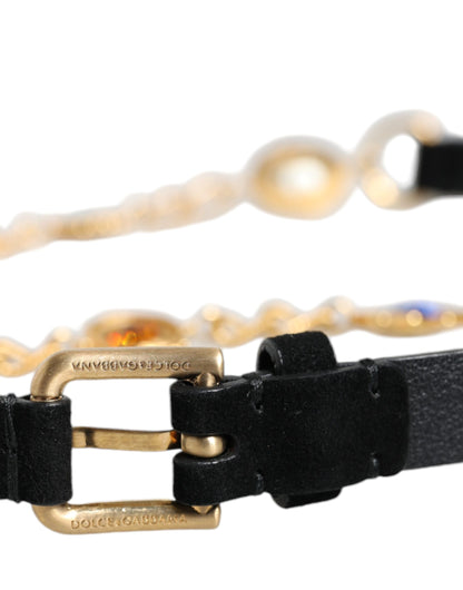 Black Leather Gold Brass Crystal Chain Waist Belt - The Luxe Alliance