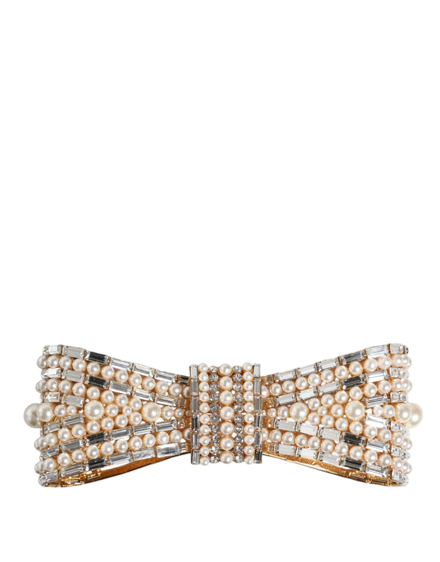  - Gold Tone Brass Bow Crystal FauxPearl Embellished Brooch