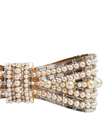  - Gold Tone Brass Bow Crystal FauxPearl Embellished Brooch