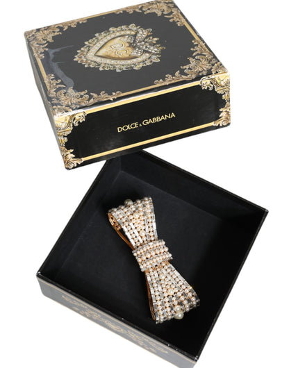  - Gold Tone Brass Bow Crystal FauxPearl Embellished Brooch