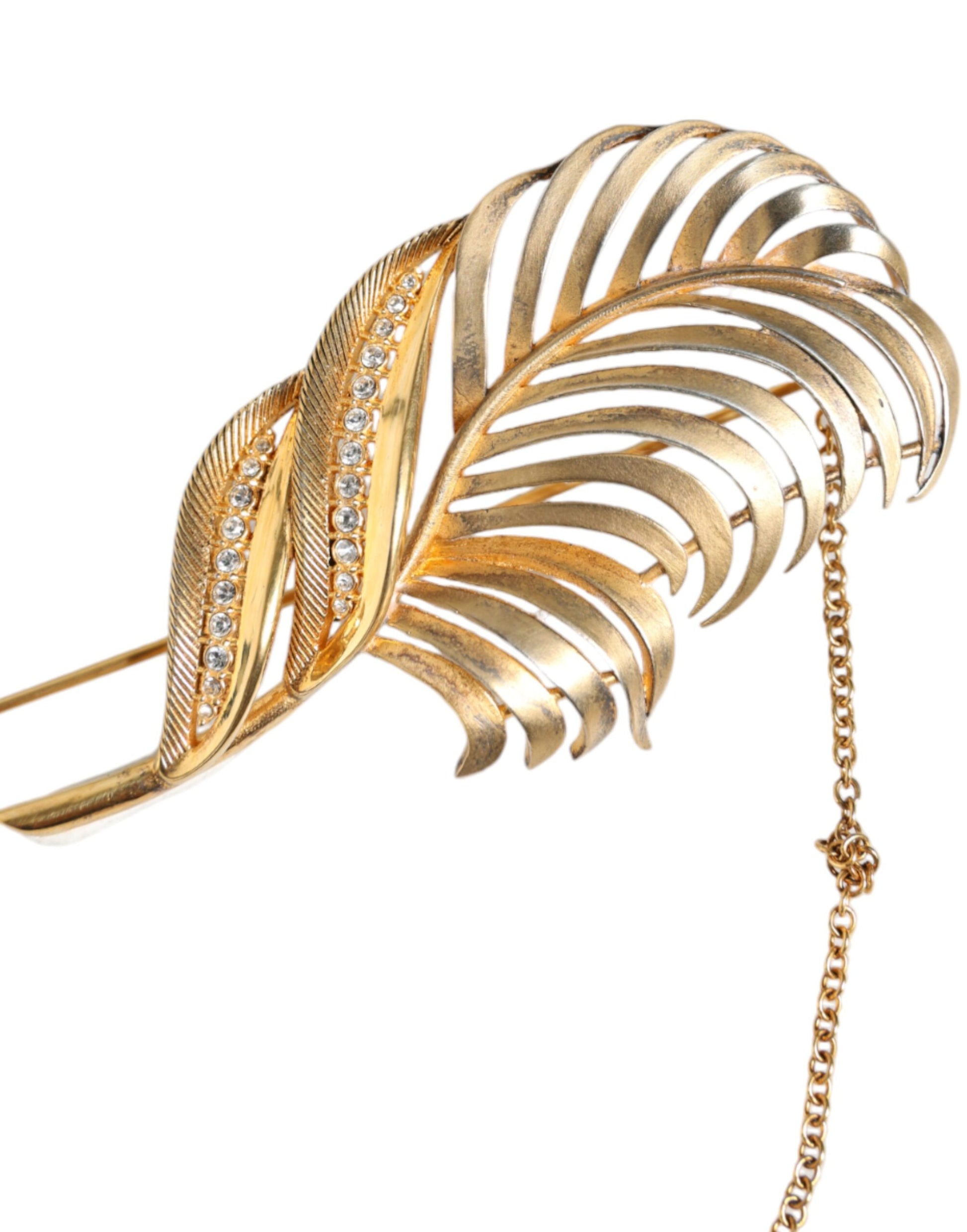 Gold Tone 925 Sterling Silver Leaf Crystal Chain Brooch