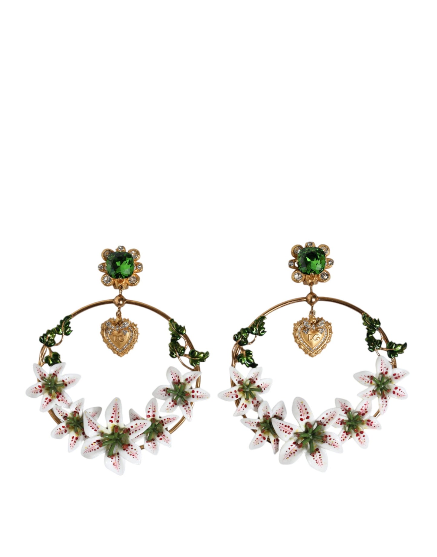  - Gold Tone Brass Crystals Lily Resin Devotion Earrings